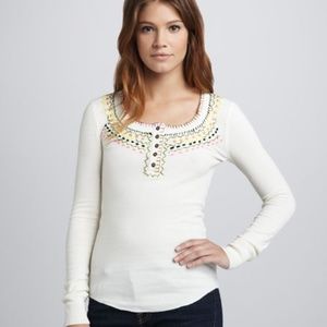FREE PEOPLE  EMBROIDERED HENLEY TOP Sz S